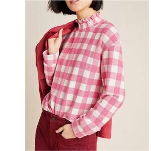 Anthropologie Eva Franco Alexis Ruffled Gingham Top Pink & White Plaid Size XS